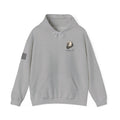 Gray hoodie with logo and text on a white background