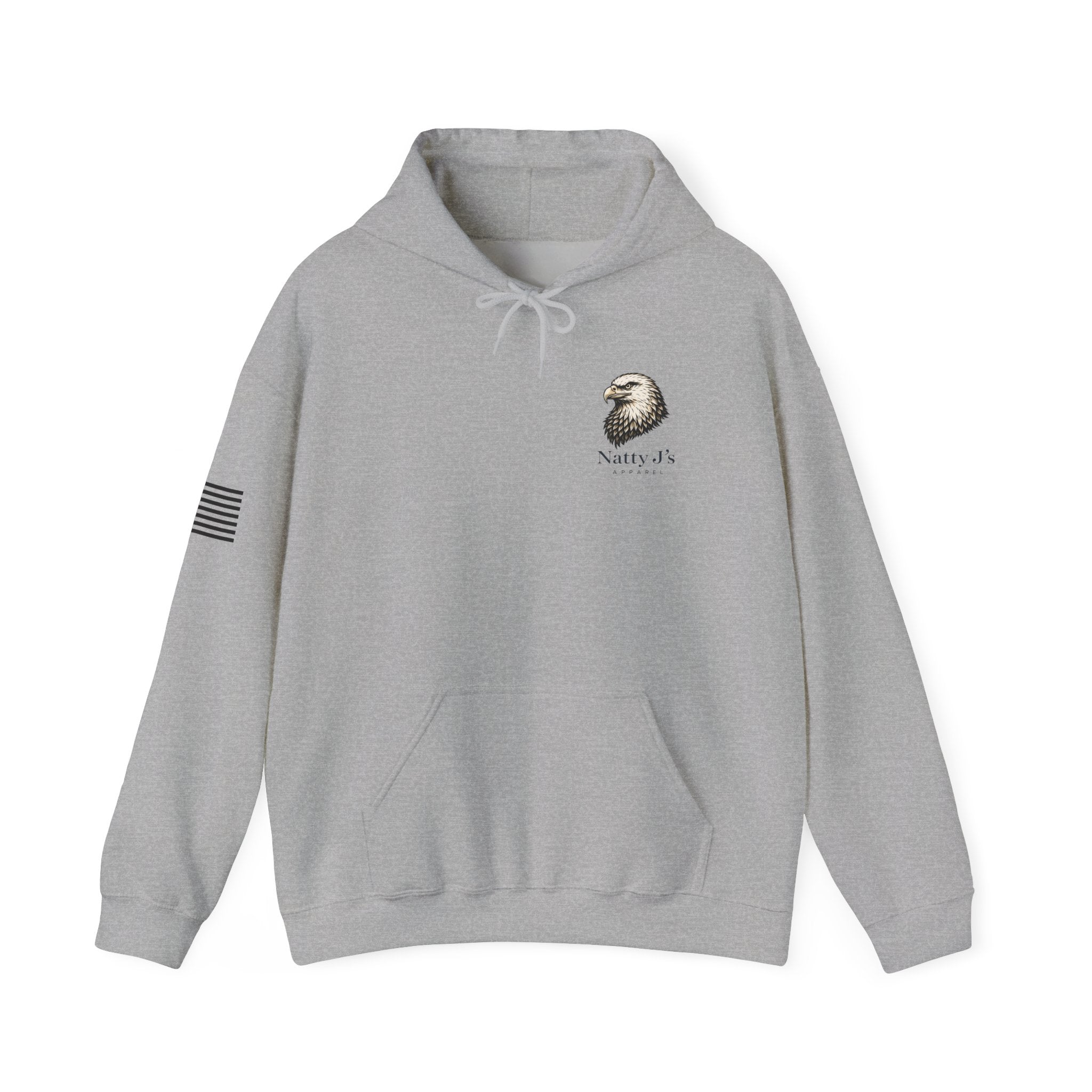 Gray hoodie with logo and text on a white background