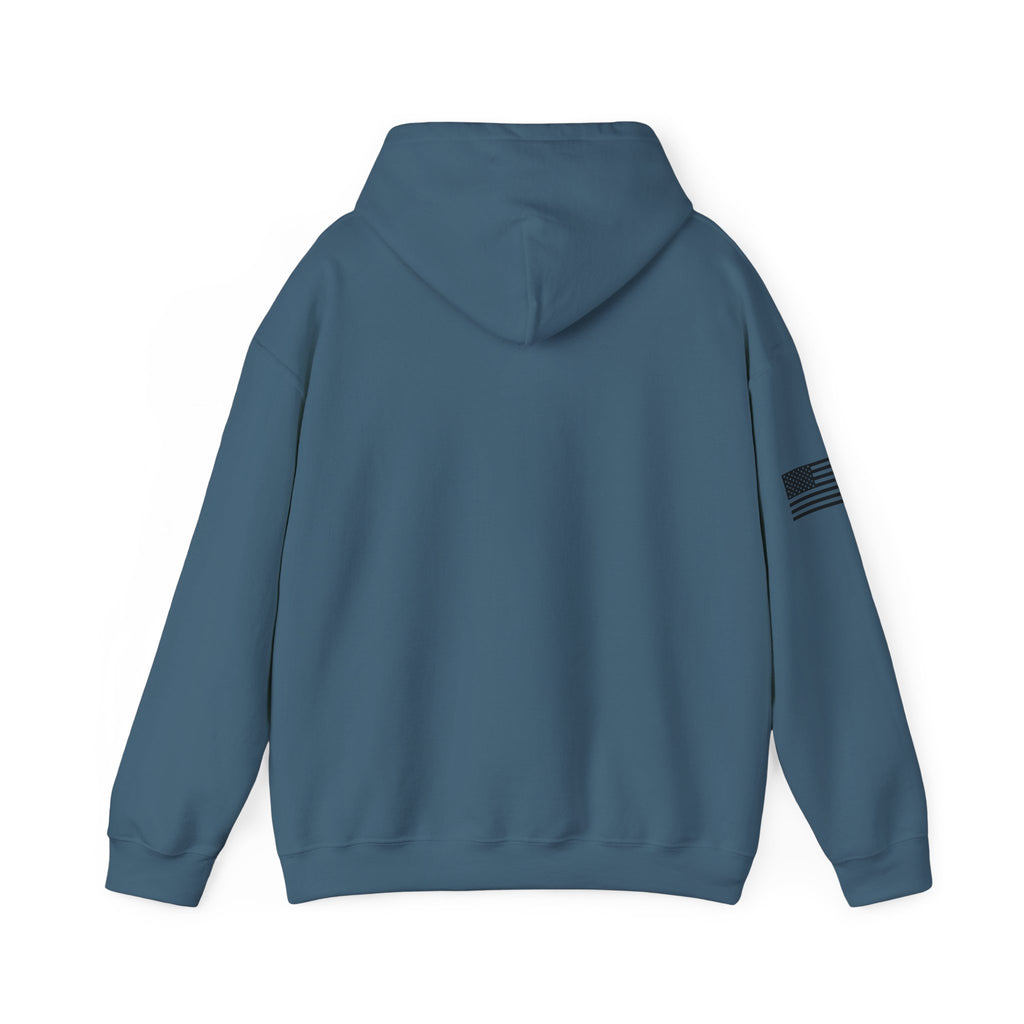 Blue hoodie with a small flag patch on the sleeve, shown from the back.