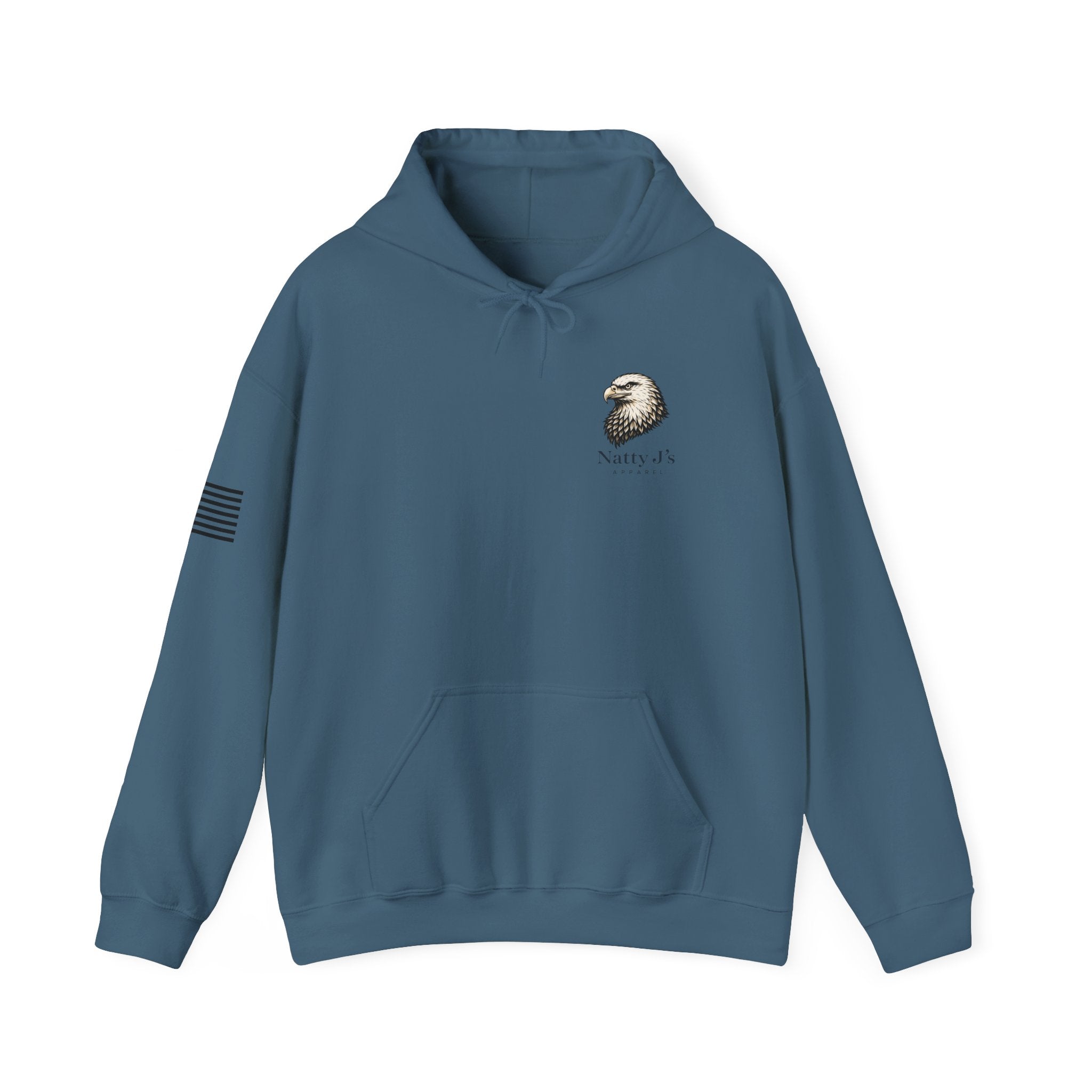 Blue hoodie with an eagle emblem and text on a white background