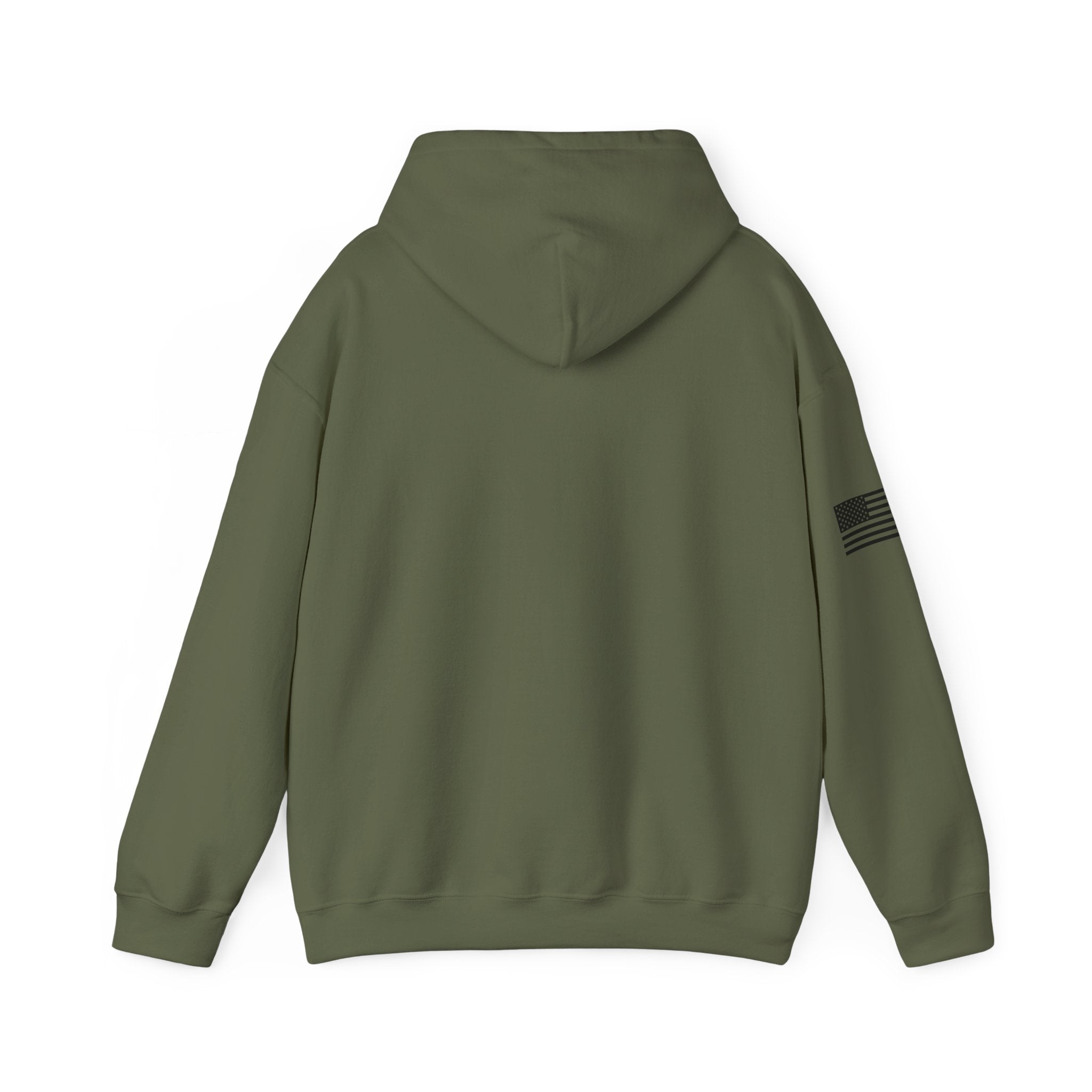Green hoodie with a small flag patch on the sleeve, shown from the back.