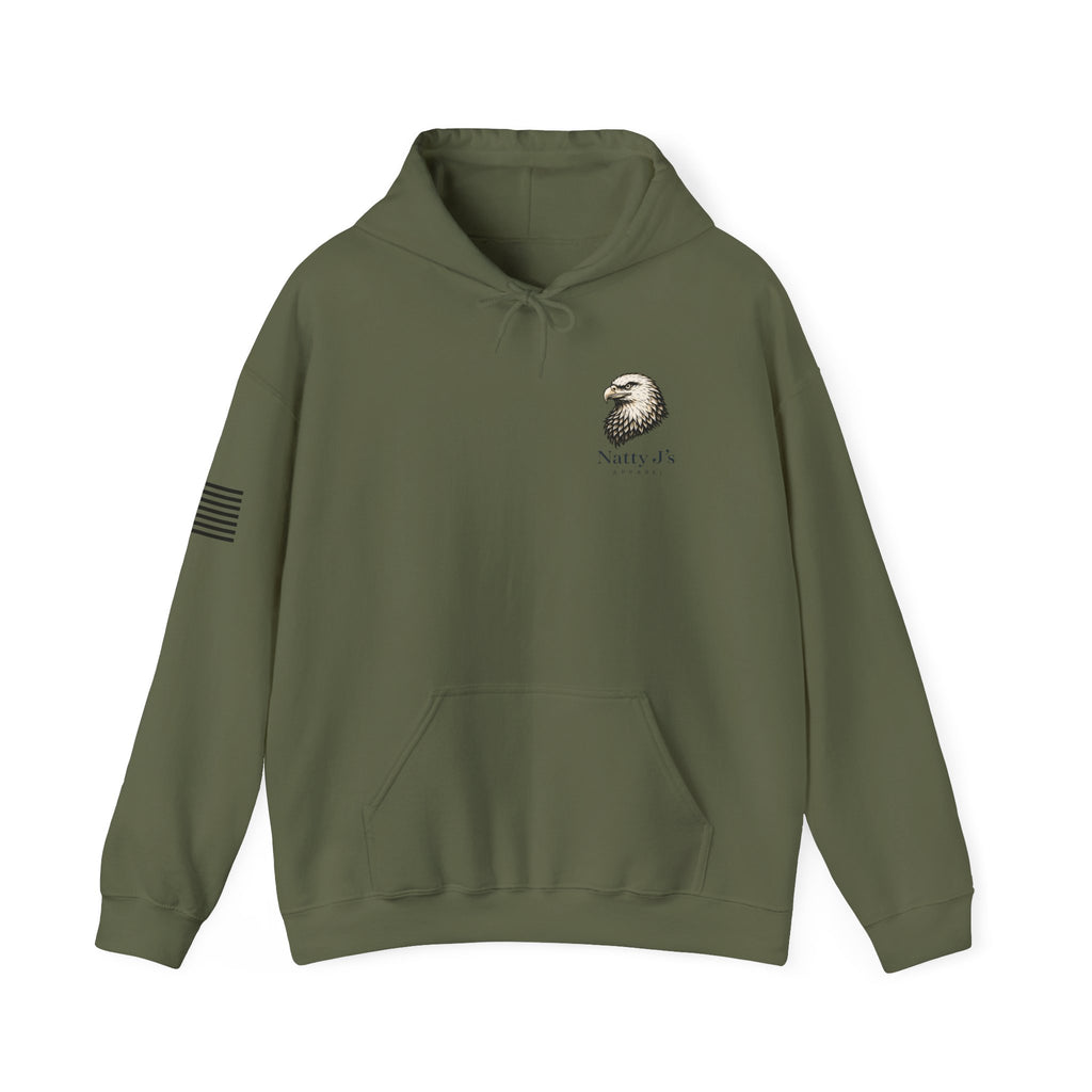 Green hoodie with logo and text on a white background