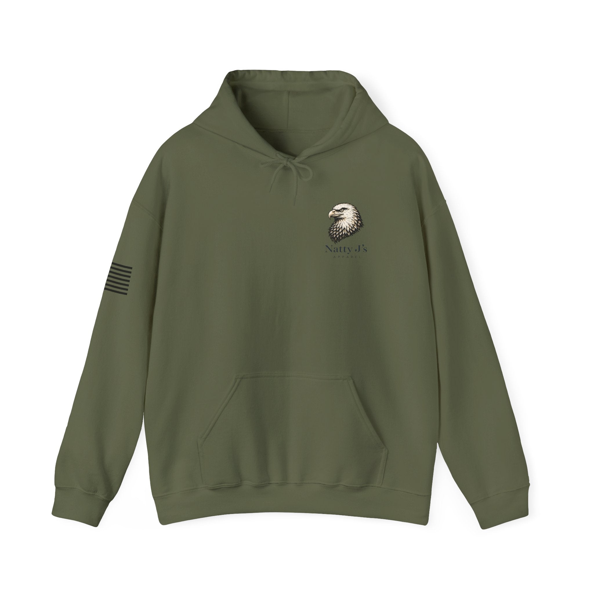 Green hoodie with logo and text on a white background