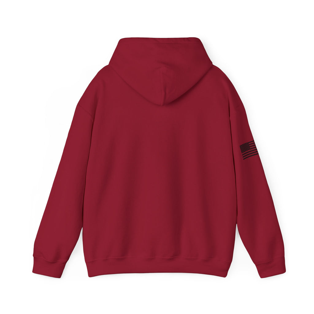 Red hoodie with a small black flag patch on the sleeve, shown from the back.
