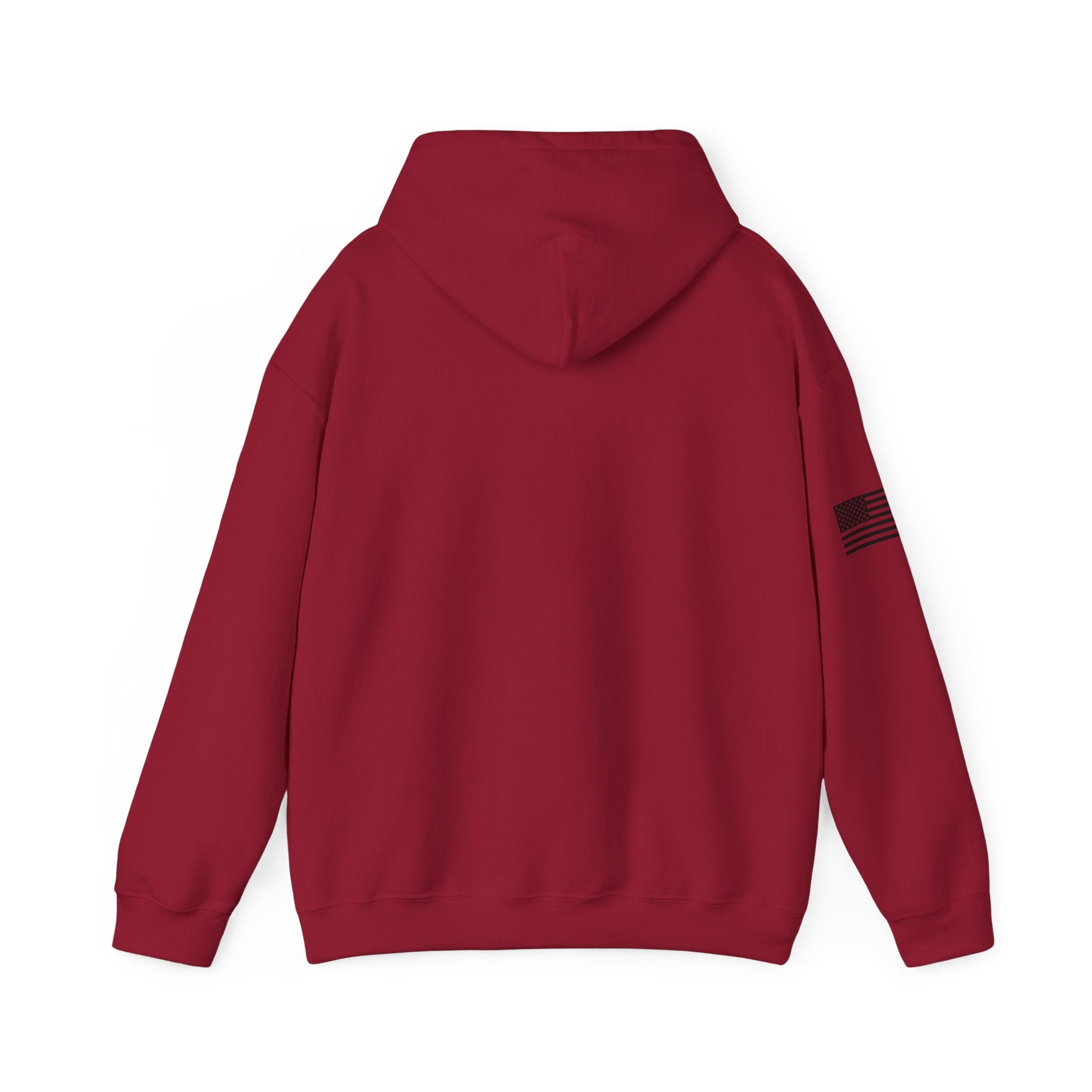 Red hoodie with a small black flag patch on the sleeve, shown from the back.