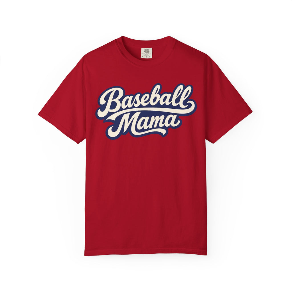 A red short-sleeve crewneck t-shirt featuring the words 'Baseball Mama' printed across the chest in a white cursive font with a blue outline, displayed against a solid white background.