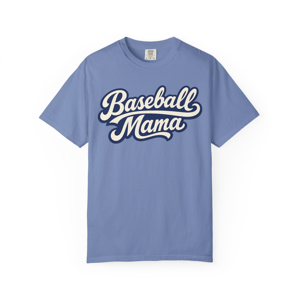 A light blue crewneck t-shirt featuring the words 'Baseball Mama' printed across the chest in a white cursive font with a dark navy blue outline, displayed on a clean white background.
