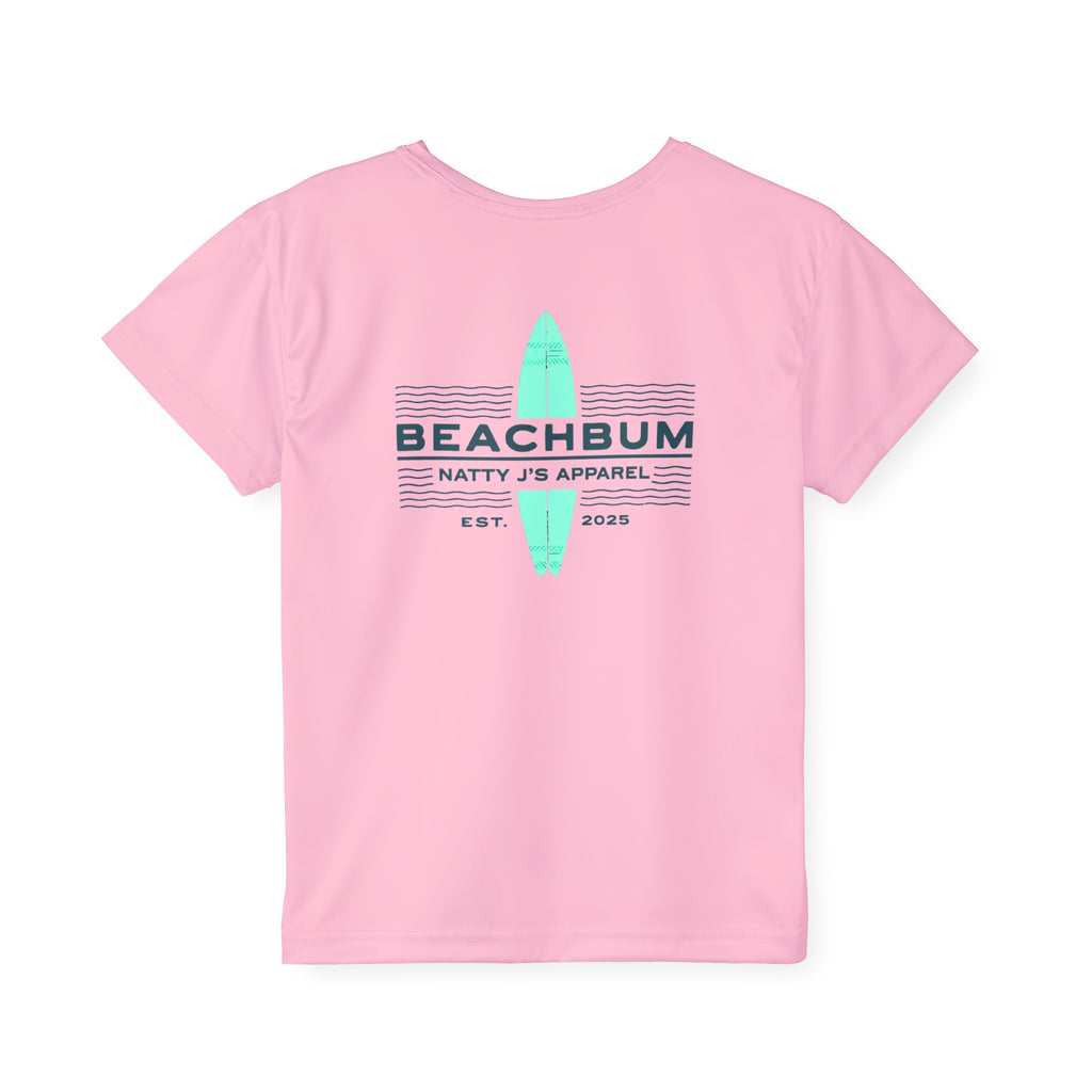 Pink t-shirt with 'Beachbum' and 'Natty J's Apparel' text on a white background