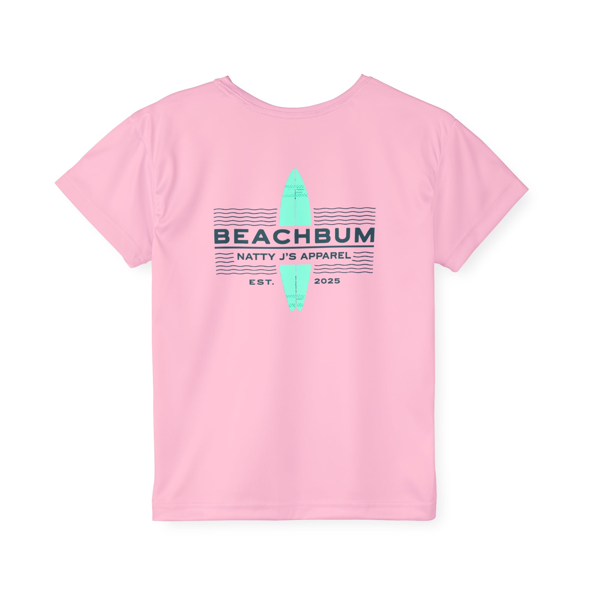 Pink t-shirt with 'Beachbum' and 'Natty J's Apparel' text on a white background