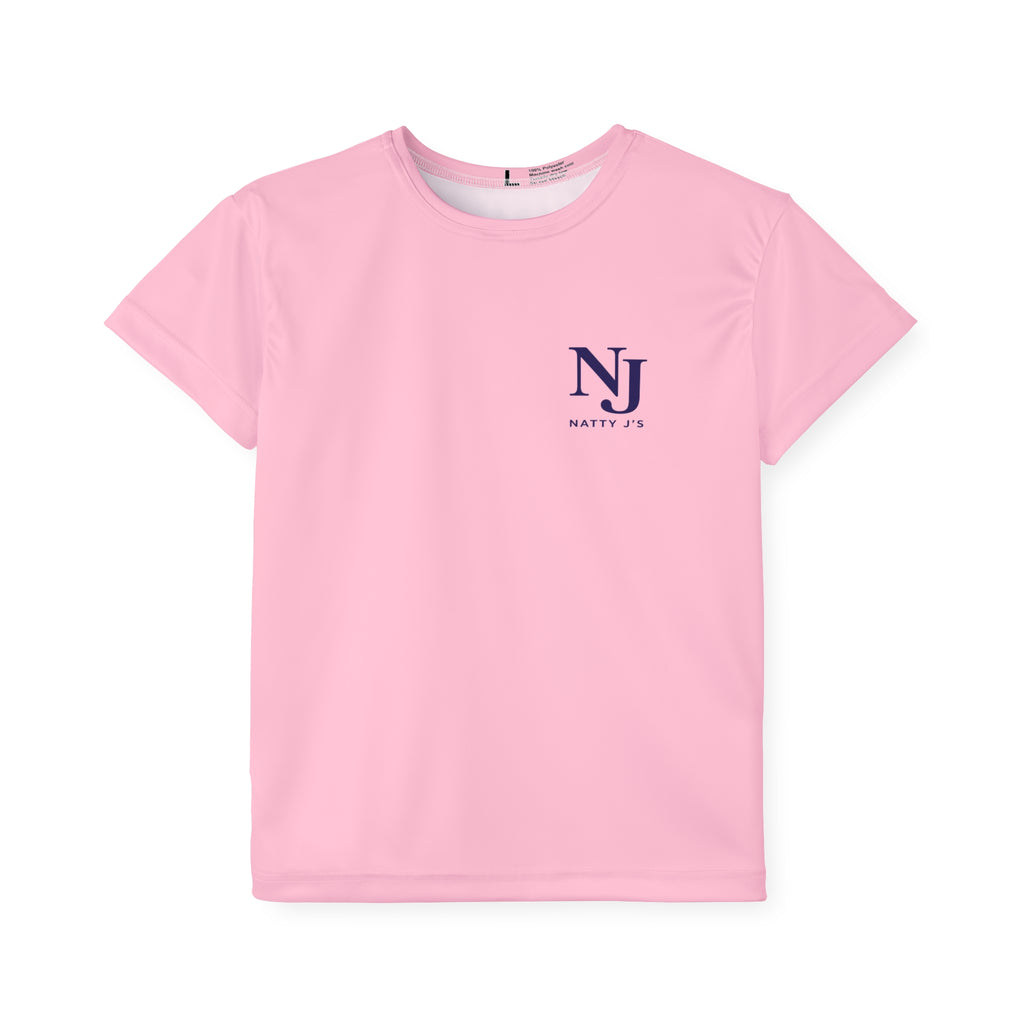 Pink t-shirt with a logo on a white background