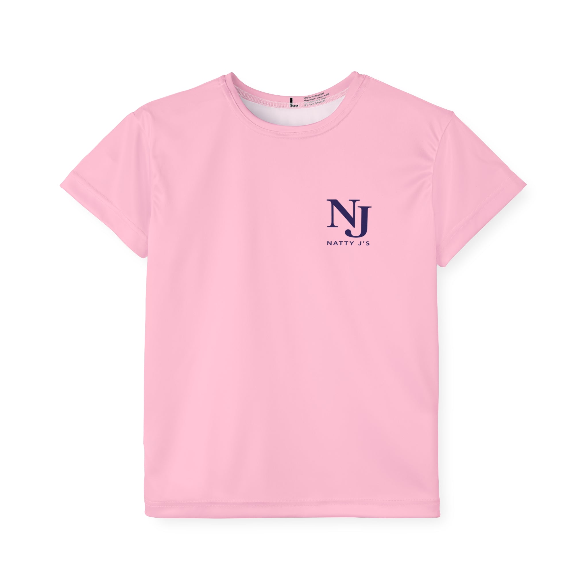 Pink t-shirt with a logo on a white background