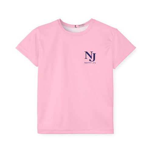 Pink t-shirt with a logo on a white background