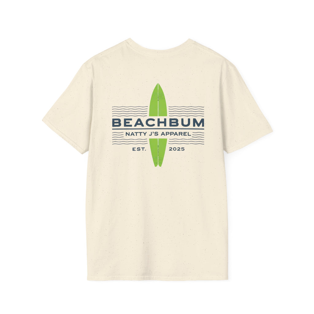 Beige t-shirt with 'Beachbum' and 'Natty J's Apparel' text and a green surfboard graphic on a white background.