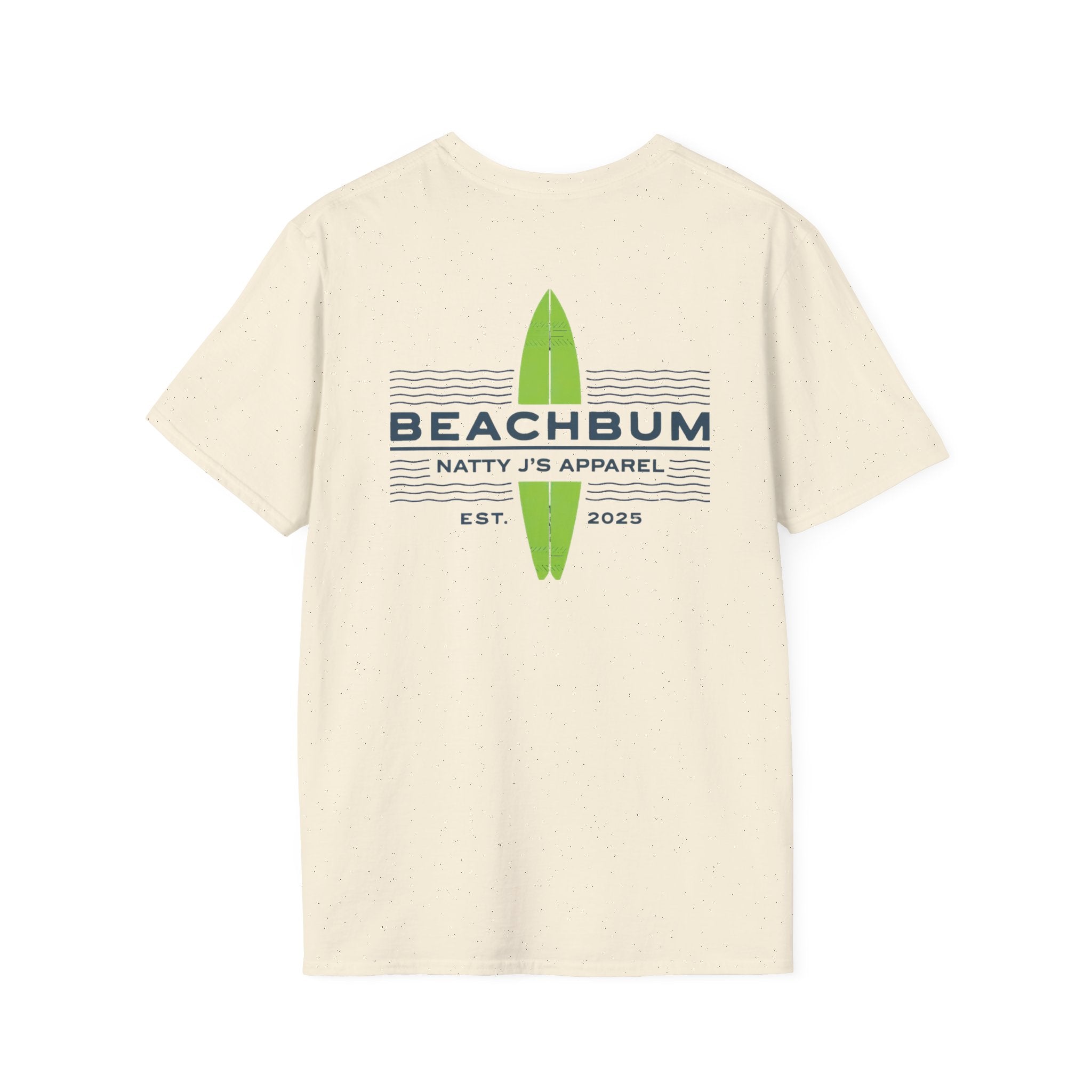 Beige t-shirt with 'Beachbum' and 'Natty J's Apparel' text and a green surfboard graphic on a white background.