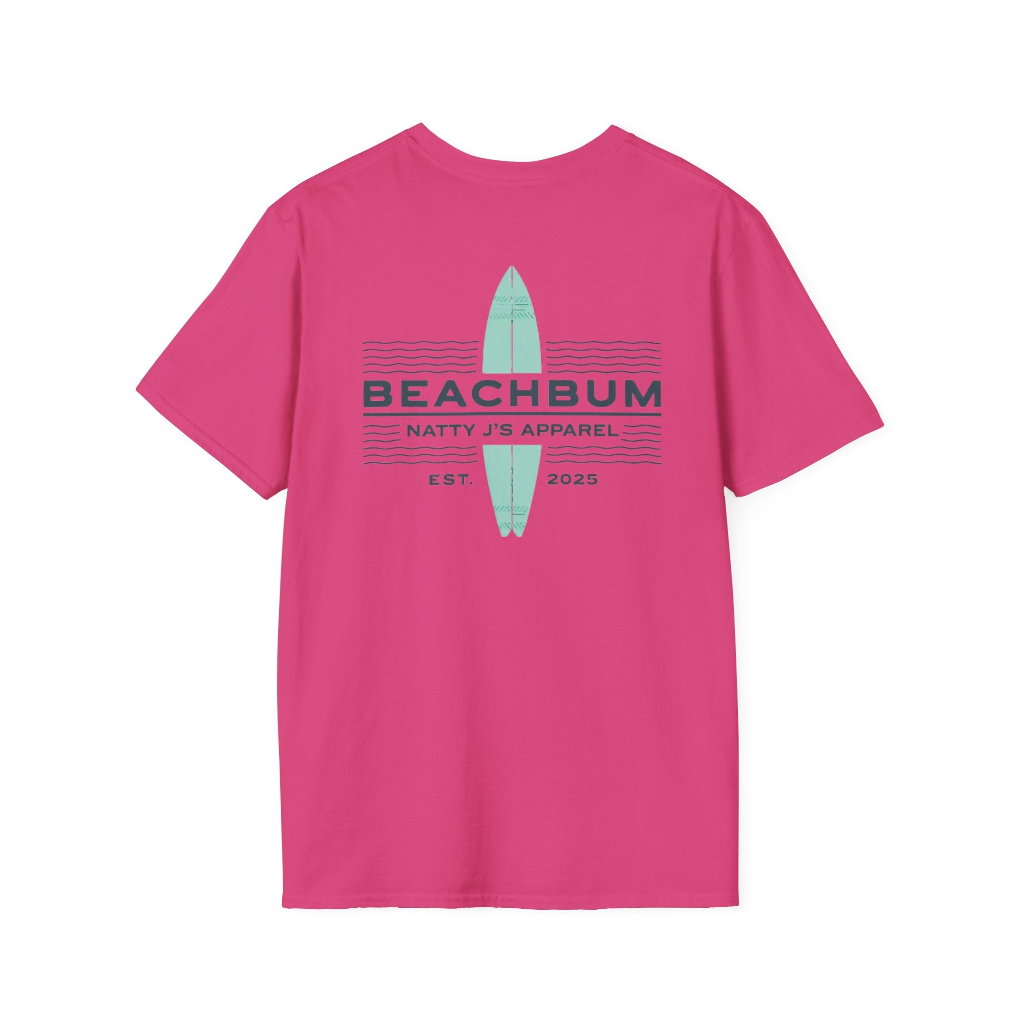 Pink t-shirt with 'Beachbum' and 'Natty Js Apparel' text on a white background