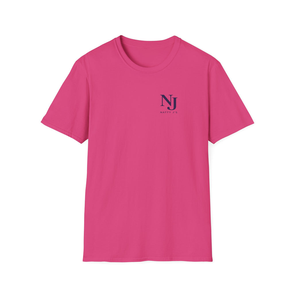 Pink t-shirt with a logo on the chest against a white background