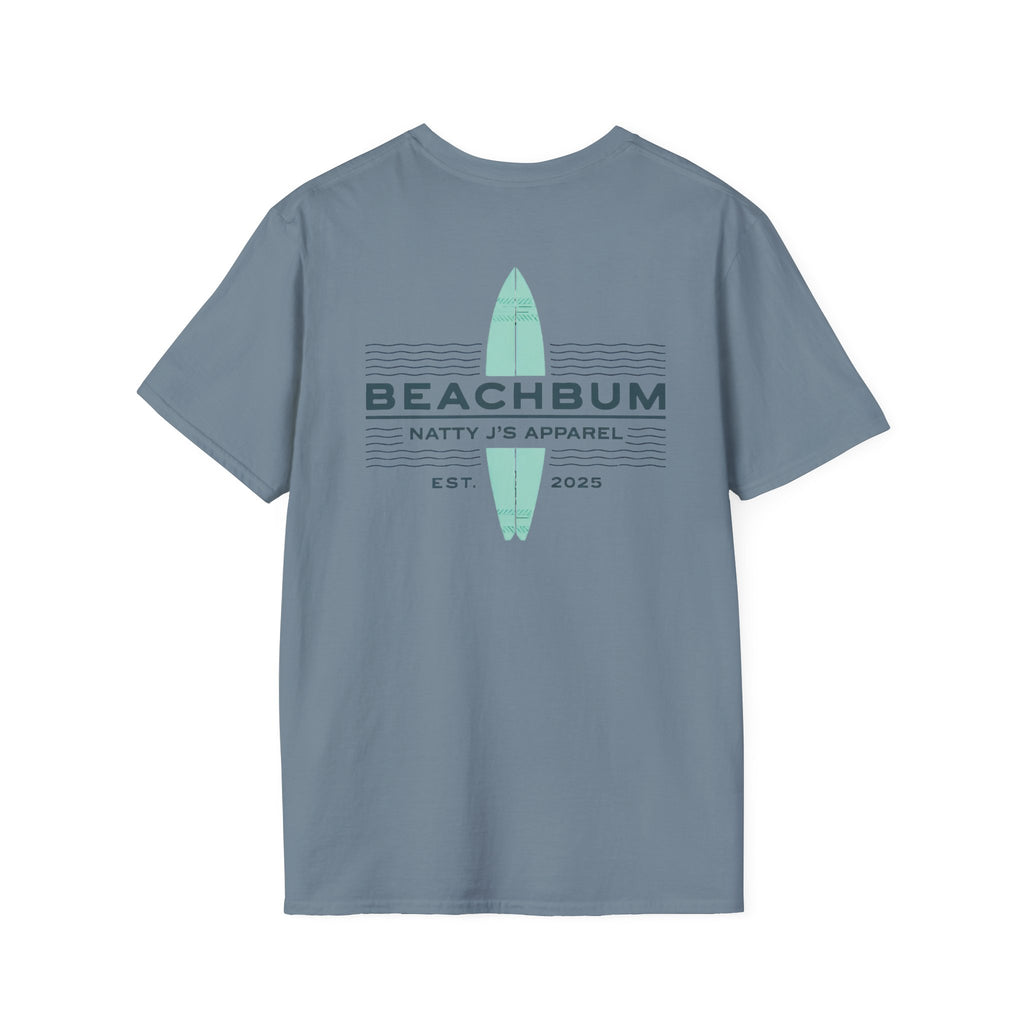 Purple t-shirt with a logo and text on the back against a white background
