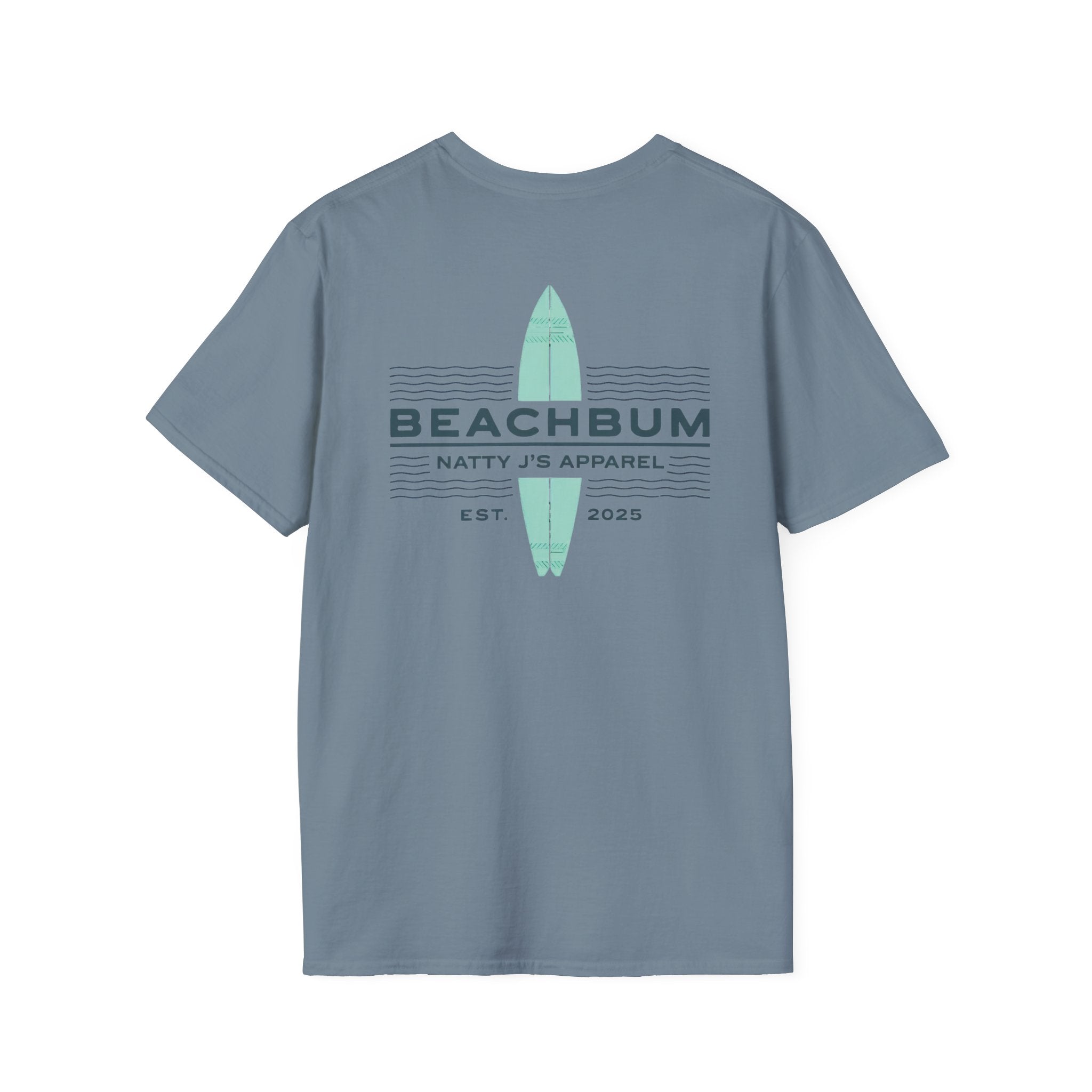 Purple t-shirt with a logo and text on the back against a white background