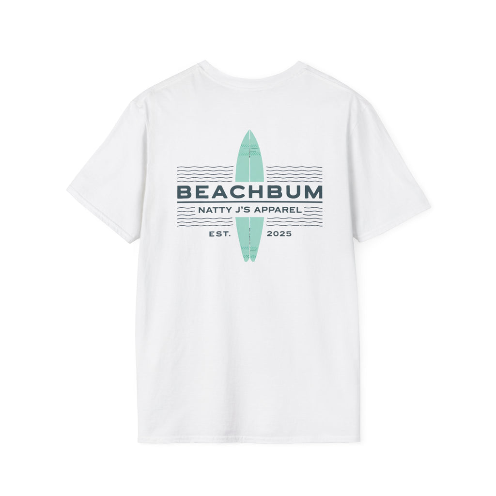White t-shirt with 'Beachbum' and 'Natty J's Apparel' text and a surfboard graphic on a white background