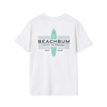 White t-shirt with 'Beachbum' and 'Natty J's Apparel' text and a surfboard graphic on a white background