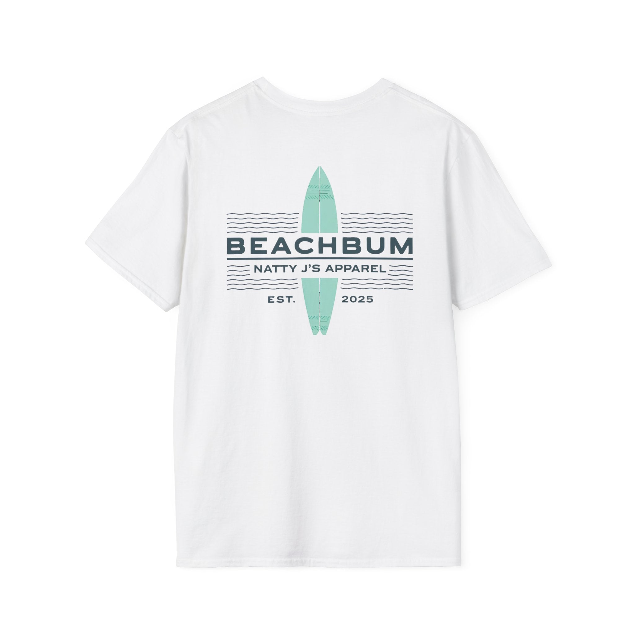 White t-shirt with 'Beachbum' and 'Natty J's Apparel' text and a surfboard graphic on a white background