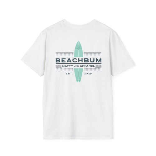 White t-shirt with 'Beachbum' and 'Natty J's Apparel' text and a surfboard graphic on a white background