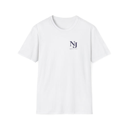 White t-shirt with a small logo on a white background