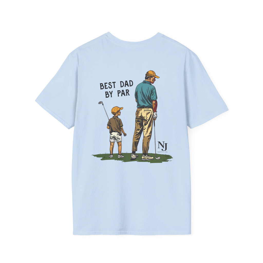 Light blue golf themed father and son shirt back graphic