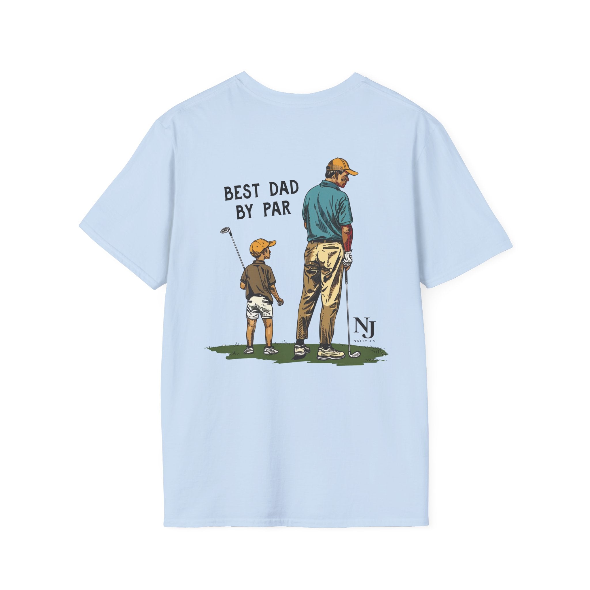 Light blue golf themed father and son shirt back graphic