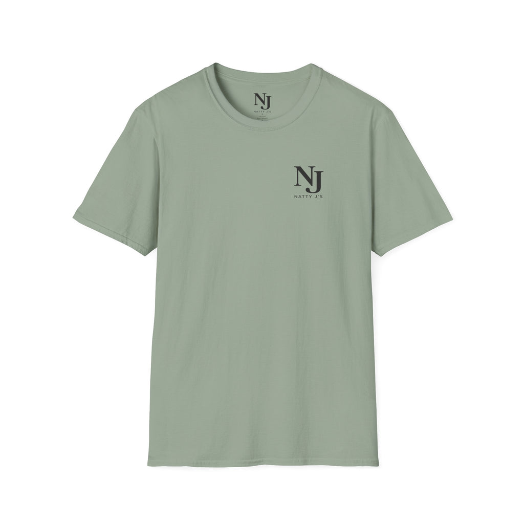 Sage green tshirt with Natty J's Apparel  front left chest logo