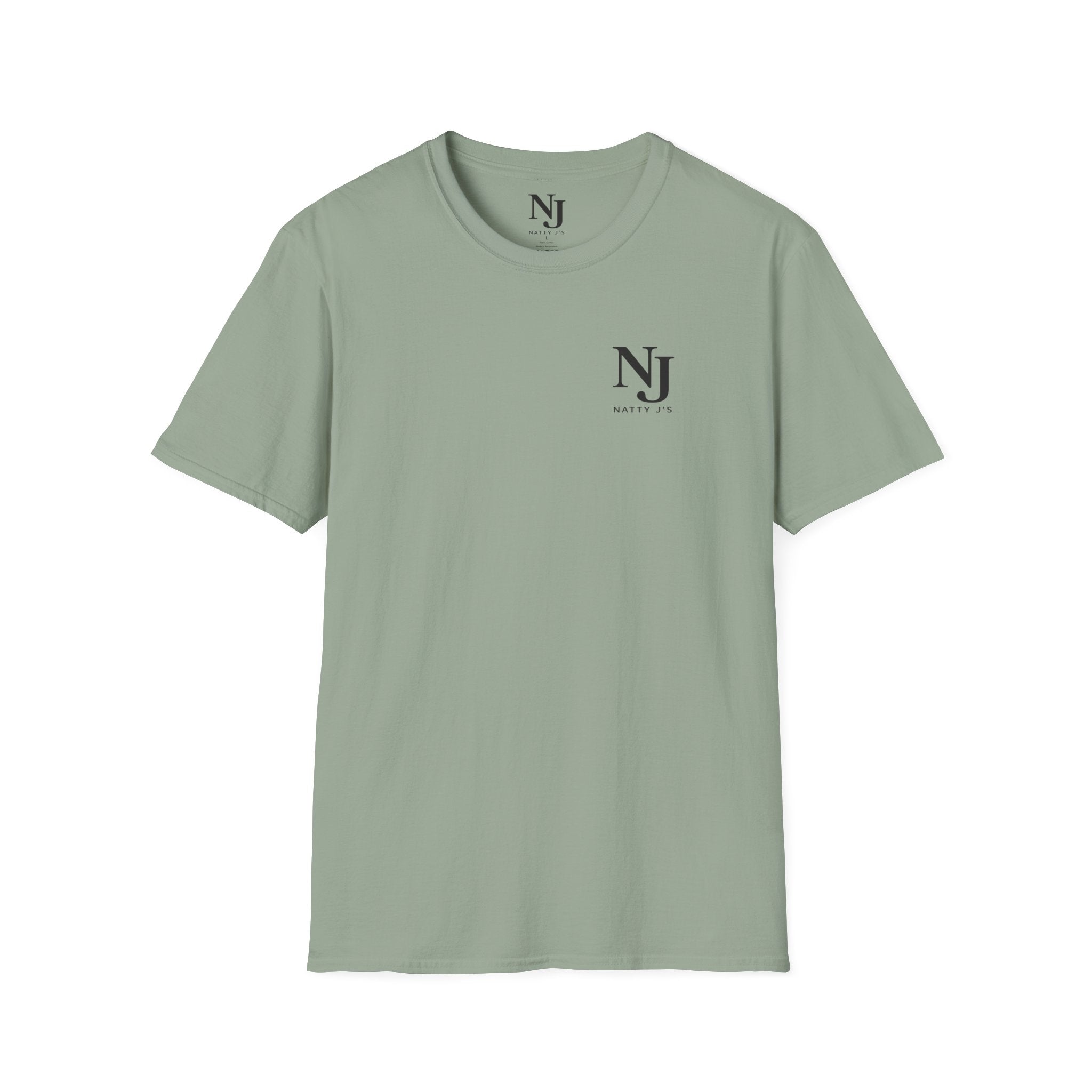 Sage green tshirt with Natty J's Apparel  front left chest logo