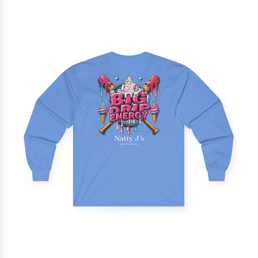 Blue long-sleeve shirt with colorful graphic and text on a white background