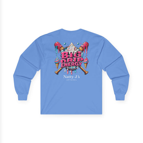 Blue long-sleeve shirt with colorful graphic and text on a white background