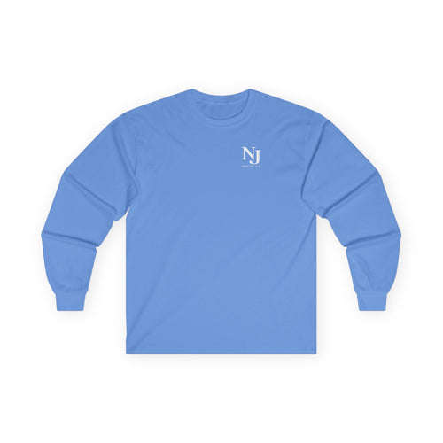 Blue long-sleeve shirt with NJ logo on a white background