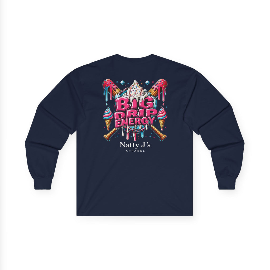 Navy blue long-sleeve shirt with colorful graphic design on a white background