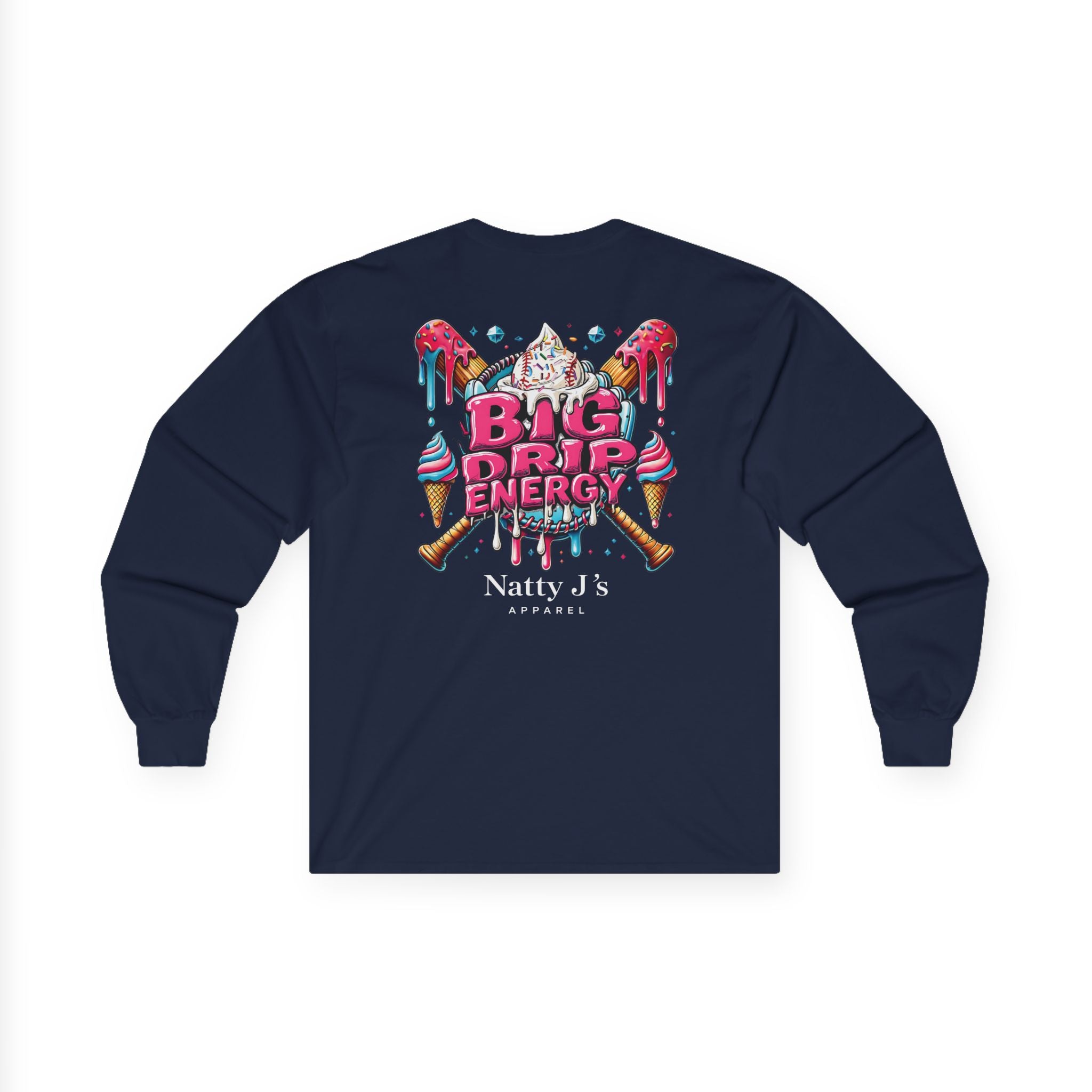 Navy blue long-sleeve shirt with colorful graphic design on a white background
