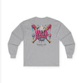 Gray long-sleeve shirt with colorful graphic design on a white background