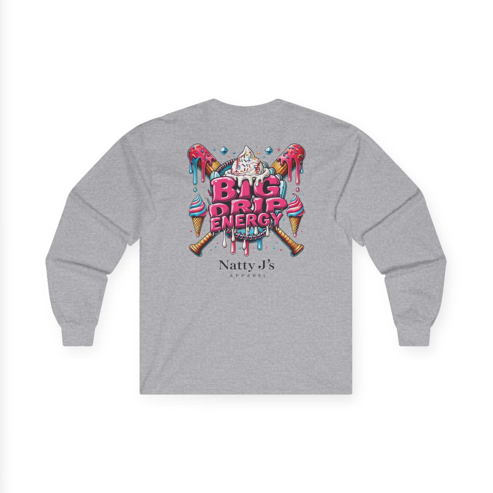 Gray long-sleeve shirt with colorful graphic design on a white background