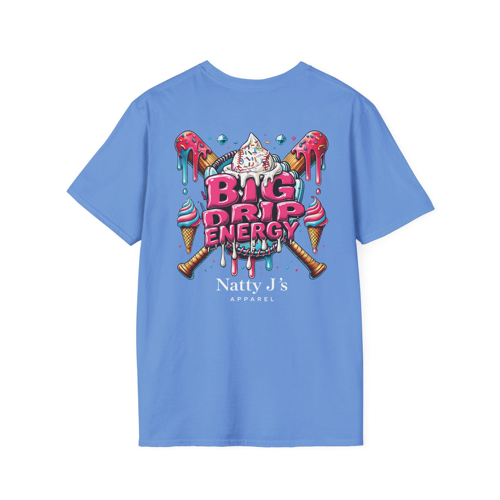 Blue t-shirt with colorful graphic and 'Natty J's Apparel' text on a white background
