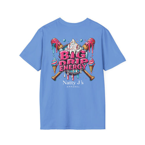Blue t-shirt with colorful graphic and 'Natty J's Apparel' text on a white background