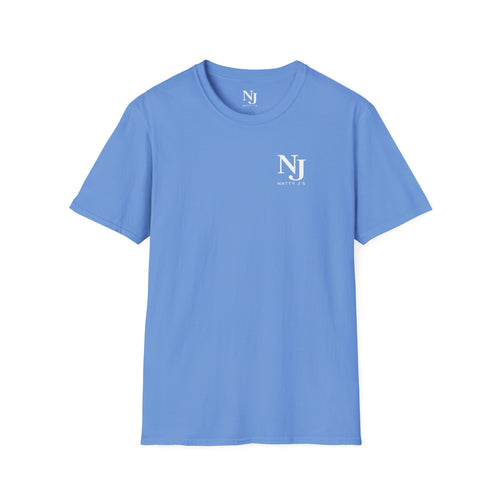Blue t-shirt with 'NJ' text on a white background