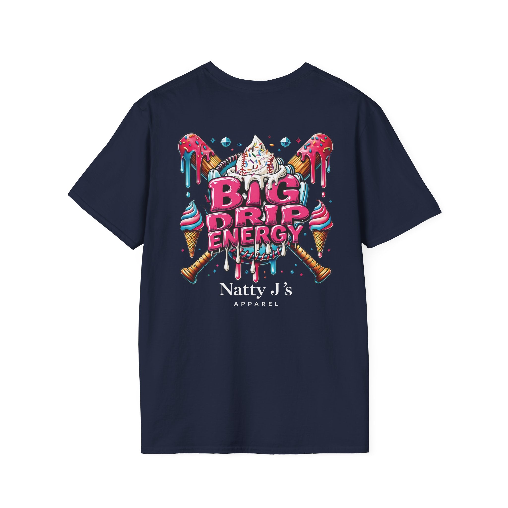 Navy blue t-shirt with colorful 'Big Drip Energy' design and 'Natty J's Apparel' branding on a white background