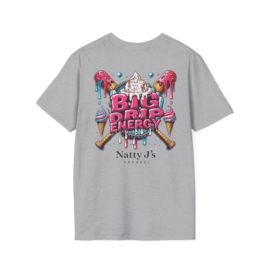 Gray t-shirt with colorful 'Big Drip Energy' graphic and 'Natty J's Apparel' text on a white background