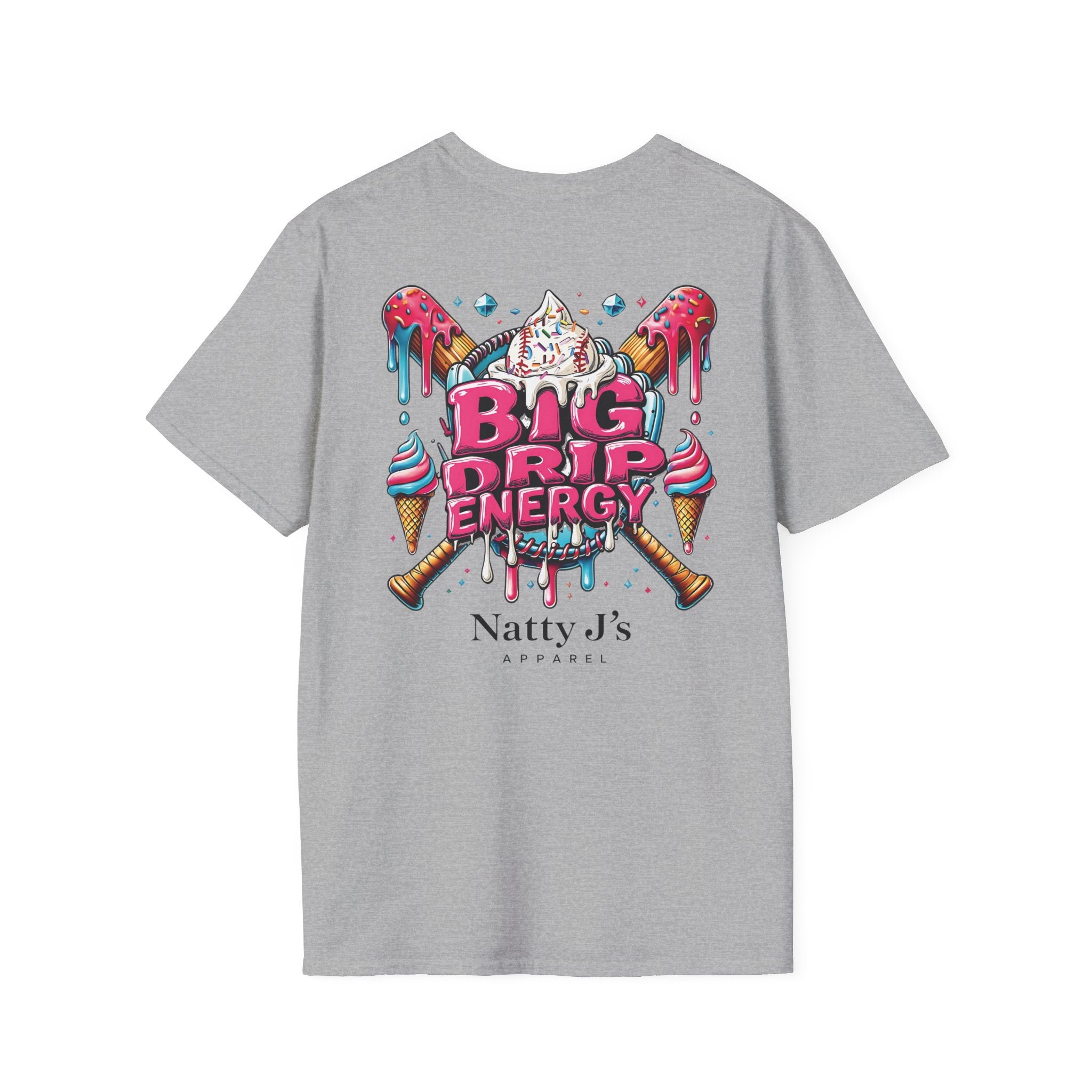 Gray t-shirt with colorful 'Big Drip Energy' graphic and 'Natty J's Apparel' text on a white background