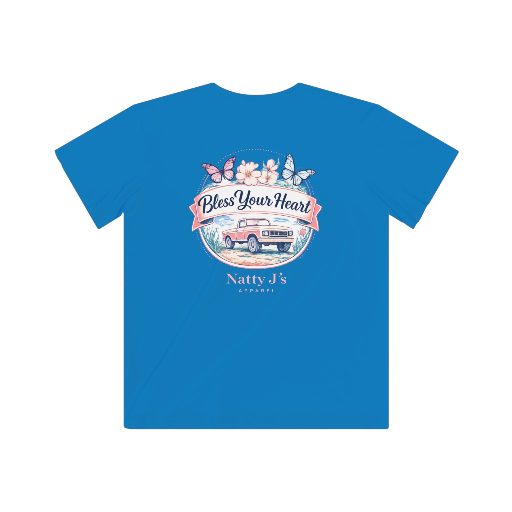 Blue t-shirt with a graphic design and 'Natty J's' branding on a white background