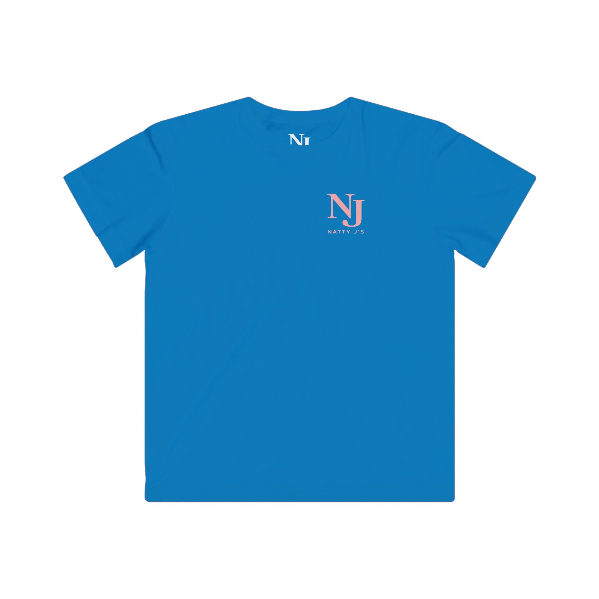 Blue t-shirt with 'NJ' logo on a white background