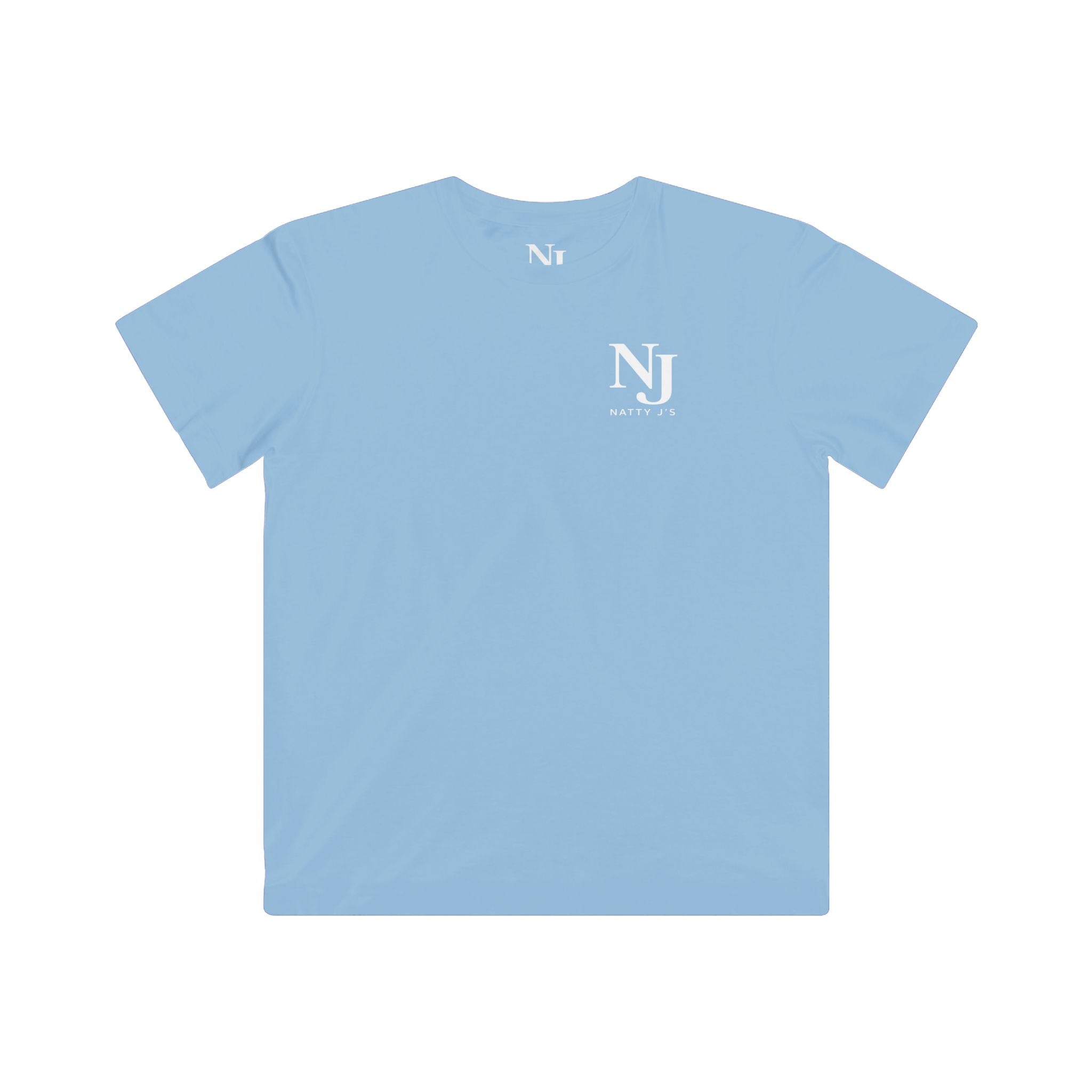 Light blue t-shirt with a logo on the back against a white background