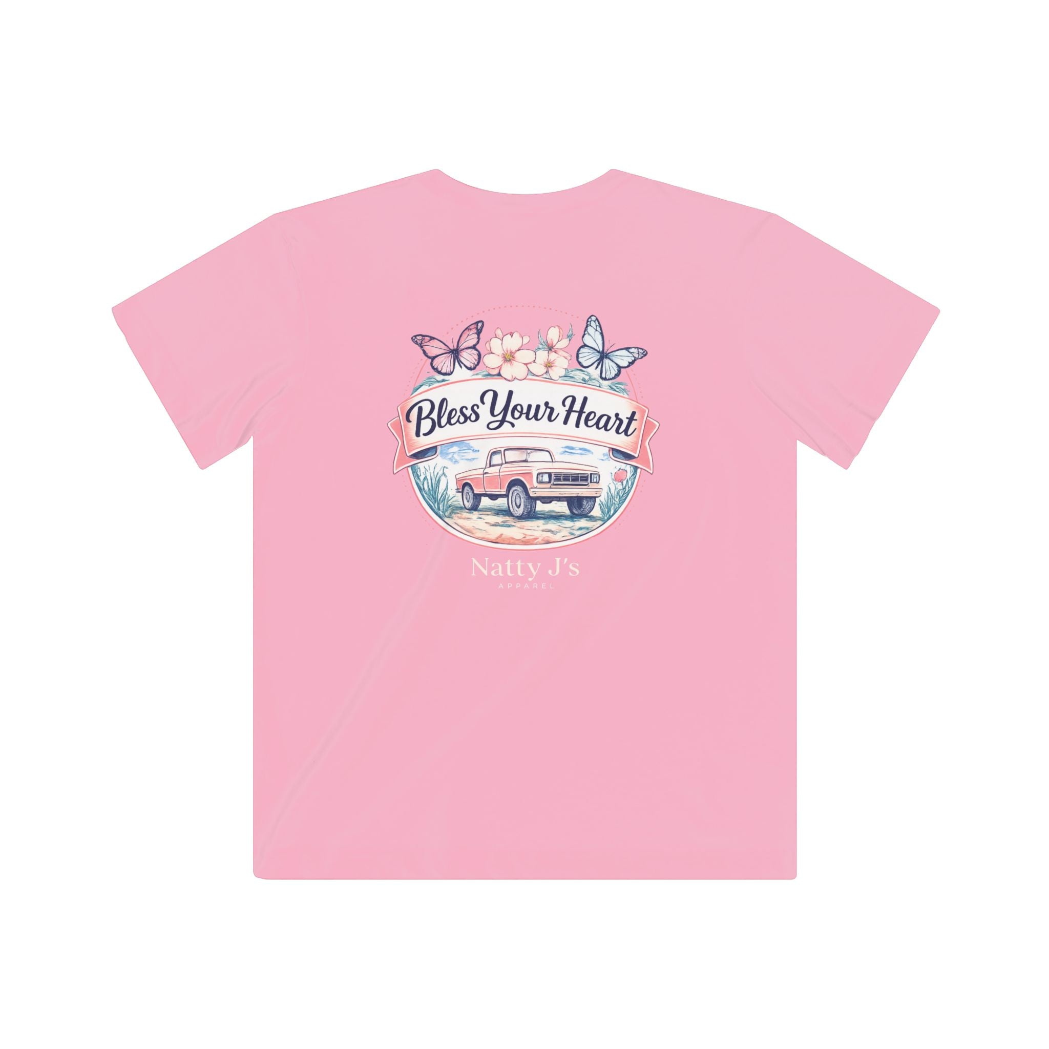 Pink t-shirt with 'Bless Your Heart' graphic design on a white background