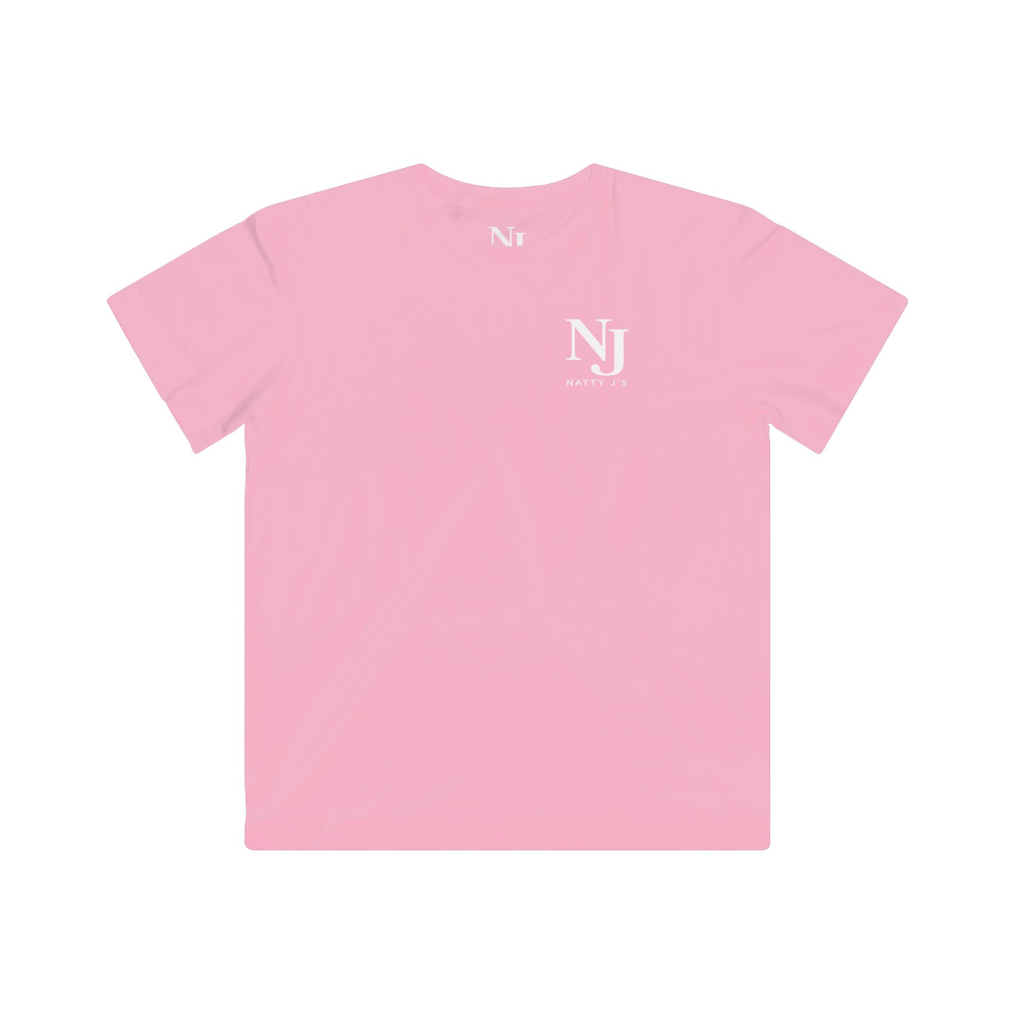Pink t-shirt with a logo on the chest against a white background