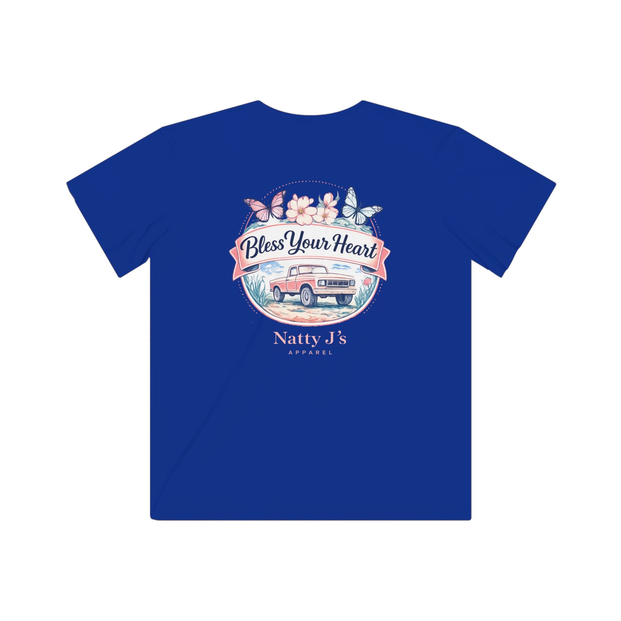 Blue t-shirt with a graphic design and text on a white background